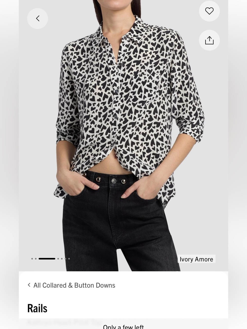 Rails Kathryn Heart Print Button Down Shirt Women's M Black White Rayon
